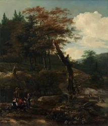 Metsäinen maisema matkustajien kanssa