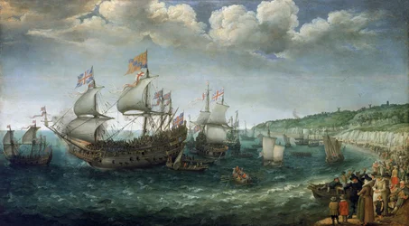 Wittelsbachin Fredrik I:n (1596-1632), Pfalzin vaaliruhtinaan (josta tulisi Böömin kuningas), nousu Prince Royal -alukseen Doverissa (Englanti) 25. huhtikuuta.