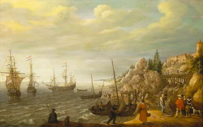 Hollantilaiset alukset ankkurissa pohjoismaisen linnoitetun kaupungin edustalla