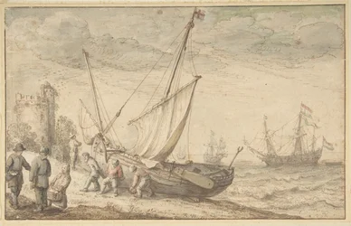 Fisherfolk nostamassa venettä rantaan, n.d.