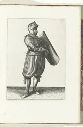 De exercitie met de targe en rapier: de soldaat houdt de targe iets naar voren om de rapier te kunnen trekken (nr. 4), 1618 De Nassausche Wapen-Handelinge, van Schilt, Spies, Rappier ende Targe : beyde figuerlick afgebeelt, ende gestelt na de nieu ordenin