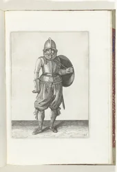 Kilpi ja piikki -harjoitus: Sotilas palauttaa kilven selkään vasemmalla kädellään (nro 26), 1618 De Nassausche Wapen-Handelinge, van Schilt, Spies, Rappier ende Kohde : Beyde figuerlick kuvattu, ende kehystetty uuden järjestyksen mukaan (..