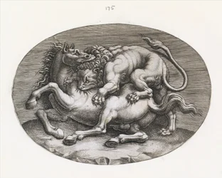 Roomalaisen loiston peili: Leijona hyökkää hevosta vastaan, c1540-80.