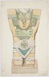 Caryatid III, ulkokammio, Jaguaarien ylempi temppeli (temppeli A), Chichen Itza, Meksiko (akvarelli)