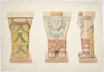 Caryatid II, ulkokammio, Jaguaarien ylempi temppeli (temppeli A), Chichen Itza, Meksiko (akvarelli)