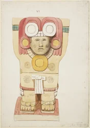 Karyatidi ulkokammiosta, Temple A, pallokenttä, Chichen Itza, Meksiko (akvarelli)