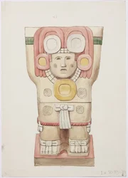 Karyatidi ulkokammiosta, Temple A, pallokenttä, Chichen Itza, Meksiko (akvarelli)