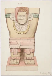 Karyatidi ulkokammiosta, temppeli A, pallokenttätemppeli, Chichen Itza, Meksiko (akvarelli)
