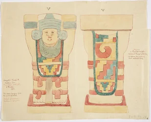 Karyatidi ulkokammiosta, Jaguaarien ylempi temppeli (temppeli A), pallokenttä, Chichen Itza (akvarelli)