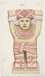 Karyatidi ulkokammiosta, temppeli A, pallokenttä, Chichen Itza, Meksiko (akvarelli)