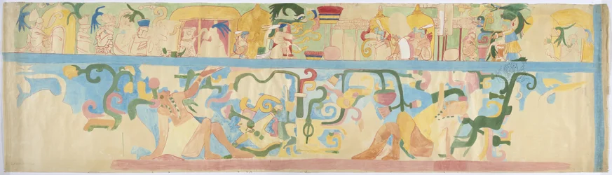 Kopio seinämaalauksesta lounaisseinästä, Jaguaarien ylempi temppeli, Chichen Itza, Meksiko (akvarelli ja vartaloväri)