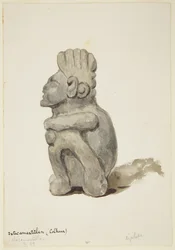 Figuuri kaupungista Ixtacamaxtitlan, Cholula, Puebla, Meksiko Näyttää kyykistävän hahmon (akvarelli)