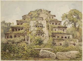 Maalaus raunioituneesta temppelistä (Pyramid of the Niches) El Tajinissa, Papantlassa, Meksikossa (akvarelli)