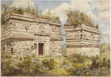 Rauniot Chichen Itzassa, Yucatanissa, Meksikossa Kuvaa rakennuksen A ja Iglesian itäistä julkisivua (akvarelli)
