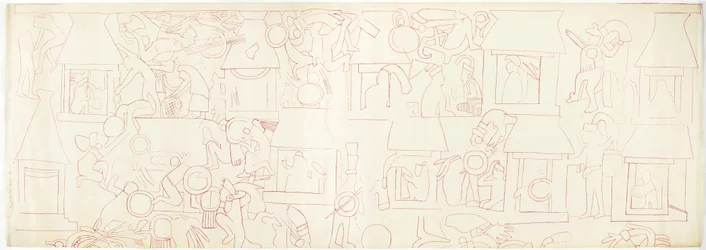 Eteläseinä, Jaguaarien ylempi temppeli, Chichen Itza, Meksikon pohjoiskortteli (punainen muste ja grafiitti)
