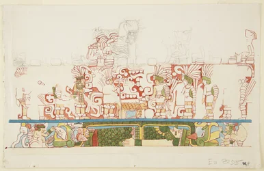 Kivireliefi pohjoismuurin keskustasta, North Building C, Ball Court, Chichen Itza, Meksiko (akvarelli)