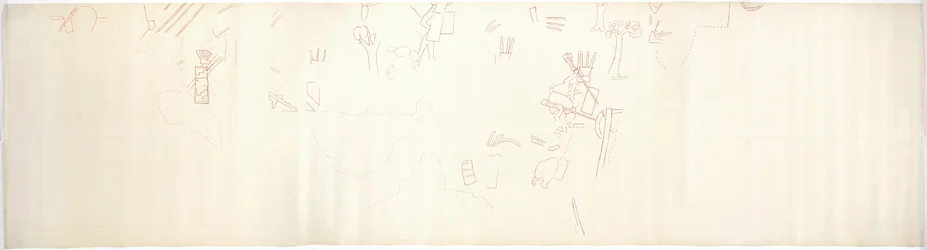 Seinämaalauksen jäljitys East Wallista, Jaguaarien ylätemppelistä Chichen Itza, Meksiko (punainen muste &   grafiitti)