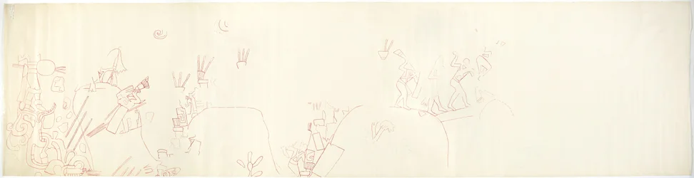 Seinämaalauksen jäljitys itäseinältä, Jaguaarien ylempi temppeli, Chichen Itza, Meksiko (punainen muste &   grafiitti)