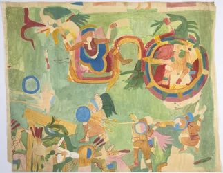 Seinämaalauksen jäljitys sisäkammiosta, Jaguaarien ylempi temppeli, eteläseinä, Great Ball Court, Chichen Itza, Meksiko (akvarelli ja vartaloväri)