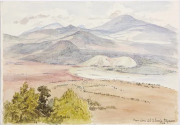 Näkymä Cerro del Calvariosta, Patzcuaxosta paperin toisella puolella ja toisella on näkymä muinaiseen linnoitukseen ja kivikumpuihin, Iguatcho Cerro del Calvariosta, Patzcuaro, Michoacan, Meksiko (akvarelli)