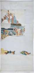 Akvarelli pellavapaperille Seinämaalauksen jäljitys suuren kammion holvista, Casa de Monjas, Chichen Itza, Meksiko (akvarelli ja vartaloväri)