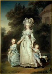 Muotokuva jalassa Ranskan kuningatar Marie Antoinette (1754-1793) Marie Theresen tai Madame Royalen (1778-1851) ja ensimmäisen Dauphin Louis Joseph Xavier Francoisin tai Louis de Francen (1781-1789) kanssa kävelemässä Trianonin puutarhoissa Maalaus Ad