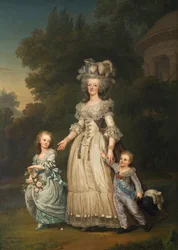 Ranskan kuningatar Marie Antoinette ja kaksi hänen lastaan kävelyllä Trianonin puistossa, 1785