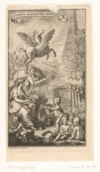 Allegorinen kohtaus, jossa nainen kirjoittaa, rintakuvat, Pegasus ja Apollo Nimisivu: Cornelis Sweerts, Runolliset symbolit, 1736