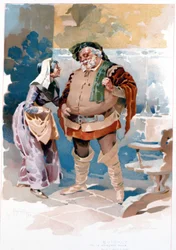 Giuseppe Verdin oopperan "" Falstaff "" III näytös: Falstaff ja Quickly ("Sinä loit ne kaikki ..."). Kuvitus Hohenstein. La Scala -teatterimuseo, Milano 1893