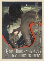 Torinolaiselle italialaiselle valaistustarvikeyritykselle Cesare Urtis & Co. valmistettu mainosjuliste, 1889