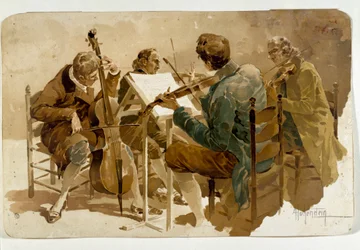Neljä muusikkoa Kolme viulistia ja yksi sellisti. Adolfo Hohensteinin (1854-1928) juliste Dim. 293x454 cm Yksityinen kokoelma
