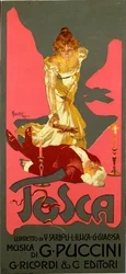 Liberty-tyylinen juliste Giacomo Puccinin (1858-1924) oopperaan "La Tosca" 1906 Dim. 30x13,5 cm Kuvitus: Adolfo Hohenstein (1854-1928) Milanon yksityinen kokoelma