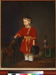 ""Pojan muotokuva punaisessa mekossa sotilasleluineen" Adolf Jebensin (1819-1888) maalaus 1849 Taide- ja pedagoginen lelumuseo, Sergiyev Posad