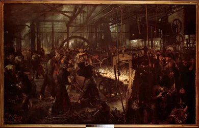 Metallurgia: "" Valssaamo, työ takossa"" Adolf Menzelin (1815-1905) maalaus
