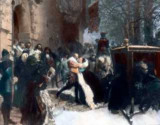 Ruotsin kuningas Kustaa Adolf toivotti tervetulleeksi vaimonsa Maria Eleonoran Brandenburgilaisen (maalaus)