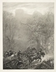 Essee kivestä harjalla ja kaavinella: Vankien saattue metsän läpi, 1851.