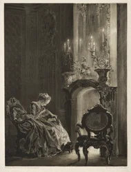 Essee kivestä harjalla ja kaavin: Nainen lukemassa takkarajaa, 1851.