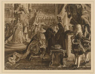Preussin kuningas Fredrik I voidellaan kuninkaaksi Königsbergissä 18. Januar 1701. Luonnos teokseen "Muistettavia tapahtumia Brandenburgin-Preussin historiasta"