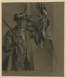 Kurt Christoph von Schwerin, kreivi ja Preussin sotamarsalkka, lipun ja miekan kanssa, mallitutkielma teokseen "Kuningas Fredrikin ajoilta. Sodan ja rauhan sankareita", 1856 (liittyy teokseen Bock 1070)
