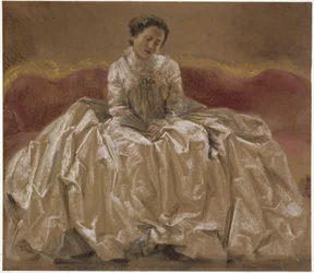 Mallipiirros (Menzelin sisar Emilie) prinsessa Wilhelmine von Preußenista (markkreivitär Wilhelmine von Bayreuth), joka istuu sohvalla. Alustava luonnos maalaukseen ”Friedrich Suuren huilukonsertti Sanssoucissa”