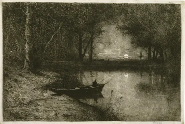 Kalastaja soutuveneessä, joen reunalla