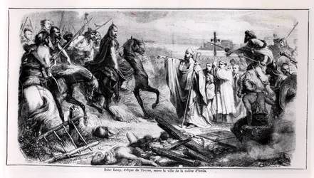 St. Loup puolustamassa Troyesin kaupunkia Attila Hunia (n. 406-453) vastaan hevosella, kuvitus Ranskan historiasta, 1800-luvun toinen puoli (bw kuva)