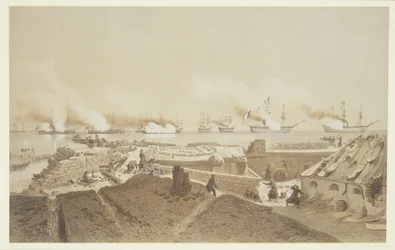 Ranskan laivasto pommitti Kil-Bourounin Dnepr-joen suulla Nos Souvenirs de Kil-Bourounin riipuksesta LHiver passe dans Le Liman du Dnieper, 1855-56, kaiverrus Eugene Ciceri (1