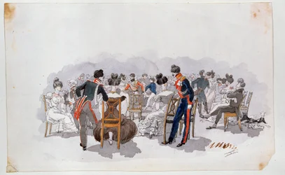 Ballissa (At A Ball). Tanssilattian ympärillä taustalla naamiaispukuiset naiset istuvat tuoleilla ja juttelevat upseerien kanssa. Adolphe Ladurnerin (1798-1856) maalaus, akvarelli paperille, noin 1830. Ranskalainen taide