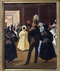 Venäjän keisari Aleksanteri I (1777-1825) naamiaisissa (keisari Aleksanteri I naamiaisissa). 1800-luvun venäläisen aristokratian juhlallinen vastaanotto. Adolphe Ladurnerin (1798-1856) maalaus, öljy kankaalle, noin 1830. 1800-luvun ranskalainen taide