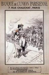 Pariisin unionin pankki: "Jotta Ranska voittaisi kuten Valmyssa! Alueen vapauttamiseksi! Merkitkää kaikki 4. kansallista lainaa!" Adolphe Willetten (1857-1926) kuvitus