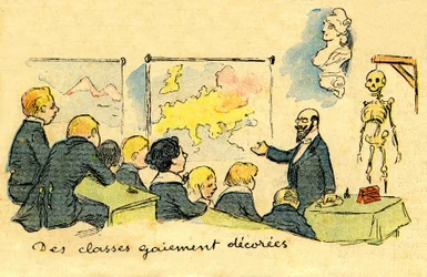 Luokanopettaja univormuasuisten koululaisten edessä "iloisesti sisustetussa" huoneessa (maantiedekarttoja, Mariannen rintakuva ja... luuranko!) vuonna 1900. A. Wiletten piirros Depeche de Toulouse -lehden kuvaliitteessä nro 41, 12. lokakuuta.