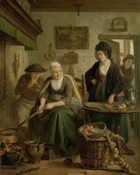 Nainen leipoo pannukakkuja. Noin 1790-1810