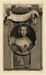 Elisabeth Stuart, Böömin kuningatar, Pfalzin vaalitar, talvikuninkaan Frederick V:n vaimo. Elisabeth, Reine de Boheme. Mekossa, jossa reilut hihat, helmiäinen pitsikaulus. Naisen vinjetti pohtimassa pudonnutta kruunua. Kuparilevykaiverrus