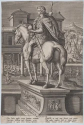 Levy 2: Augustuksen hevospatsas, kädessään maapallo ja takaa katsottuna, jossa ..., n. 1587-89.